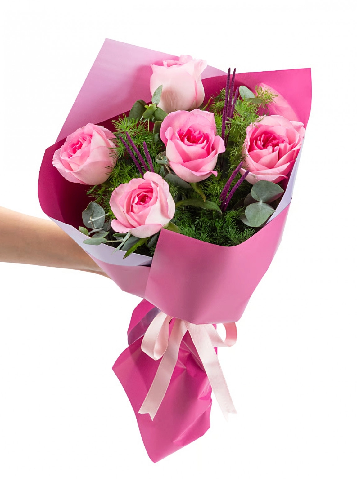 Lila Bukette 5 Pembe Gül Buketi